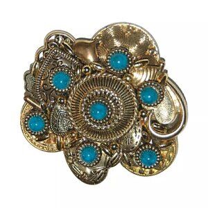 Vintage Gold Tone Turquoise Cluster Brooch Pendant Necklace – Statement Jewelry